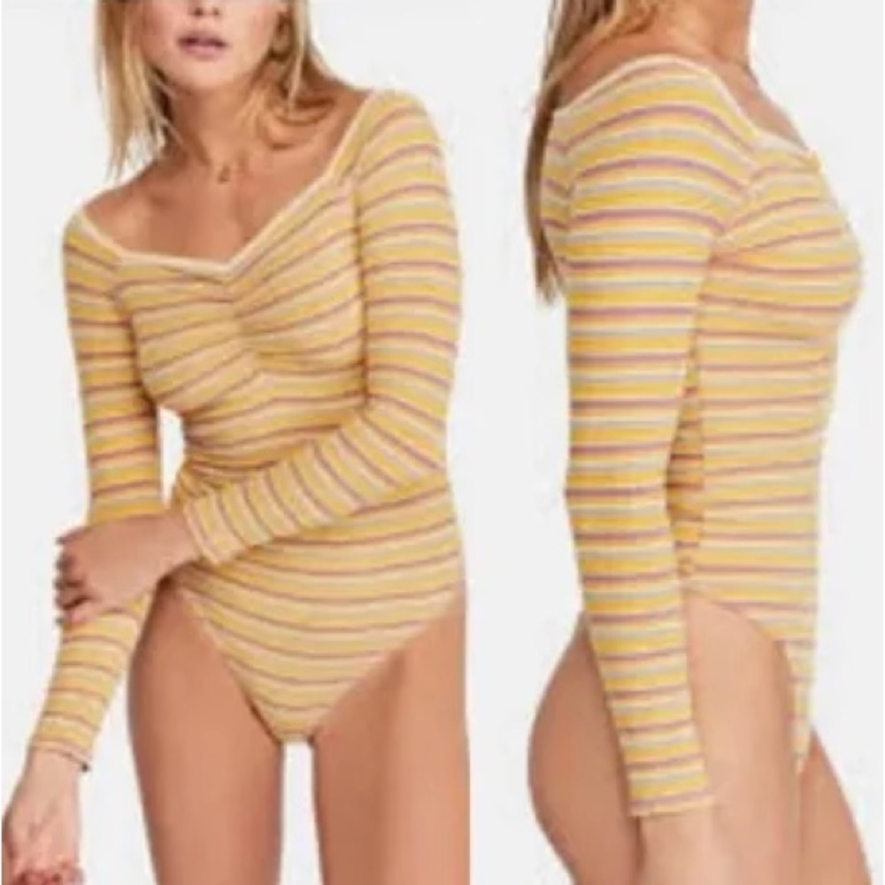 Free People Striped Yellow Sunset Striped Boat Neck Bodysuit Top Sz S Retro NEW